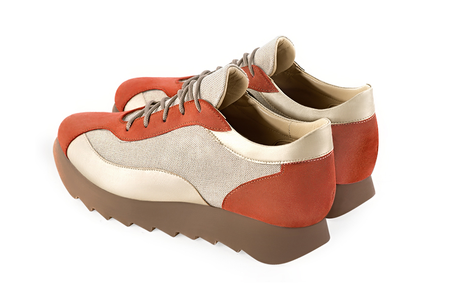 Terracotta orange and gold women's two-tone elegant sneakers. Round toe. Low rubber soles. Rear view - Florence KOOIJMAN